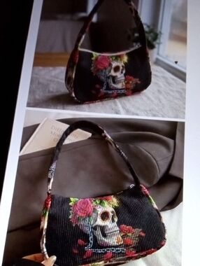 Black Floral Skull Corduroy Shoulder Bag